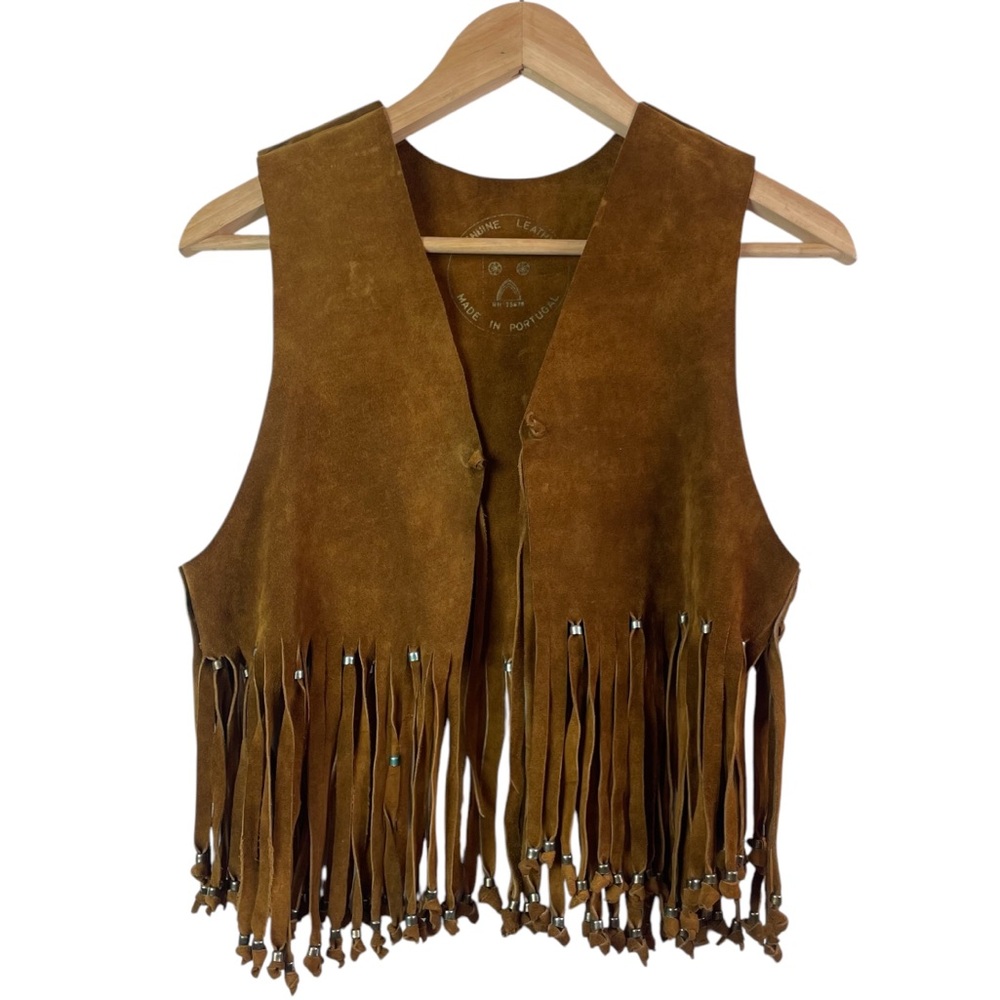 Vintage Suede Handmade Cow Hide Beaded Fringe Tassel Boho Vest / Indian Jacket